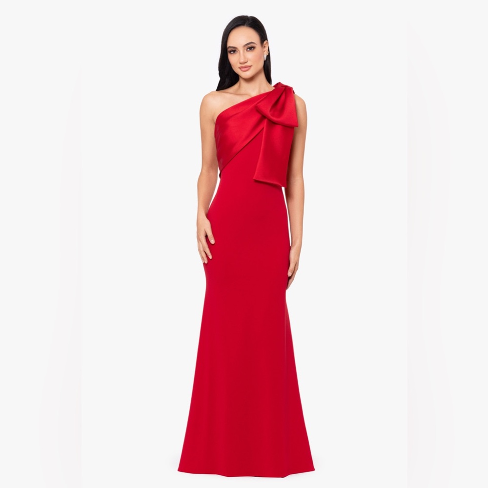 Betsy & Adam One Shoulder Scarlet Red Evening Gown